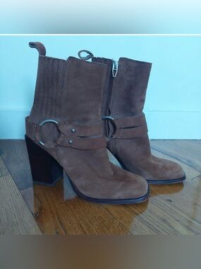 Dolce Vita Brown Suede Mid-Calf Heeled Boot with Ring Strap